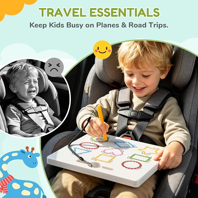 GAMENOTE Magnetic Shapes Lines Tracing Board Double Sided, Pencil Control | 2 in 1 pencil control practice toy, road trip car activity, preschool classroom learning, toy for kids ages 3-5
