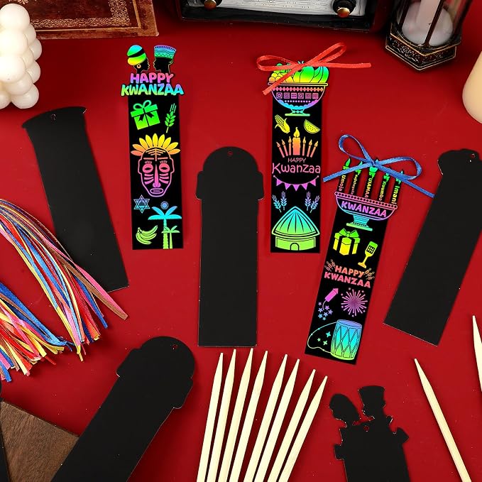 JUNEBRUSHS 30Pcs Kwanzaa Craft for Kids, Rainbow Magic Scratch Art Bookmark | Paper Kwanzaa Gifts for Kids, School Classroom Activities, Games DIY Arts and Crafts Kit Party Favors
