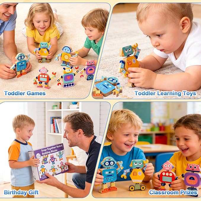 33-Piece Wooden Snap-Together Take-Apart Robot Building Blocks for Kids 3-6 | Mix-and-match heads, bodies, arms and legs for varied creations, fine motor practice, problem-solving and open-ended play