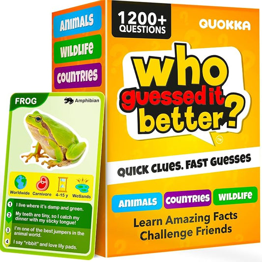 Quokka Who Guess It Better Game Set – Animals & Countries Educational Game with Visual Clues, 3 Card Sets Bundle, Screen-Free Travel Games for Kids Ages 6+