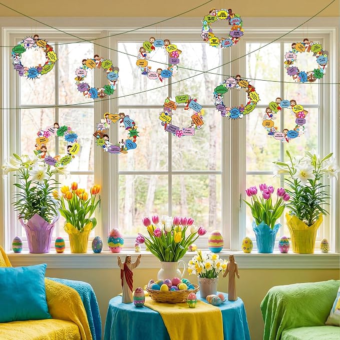 Hollowfly 48 Sets Christian Easter Wreath Craft Kit for Sunday School | 8 Jesus-Themed Designs with Cross, Donkey and Empty Tomb, Bible Stickers for Church and VBS Activities