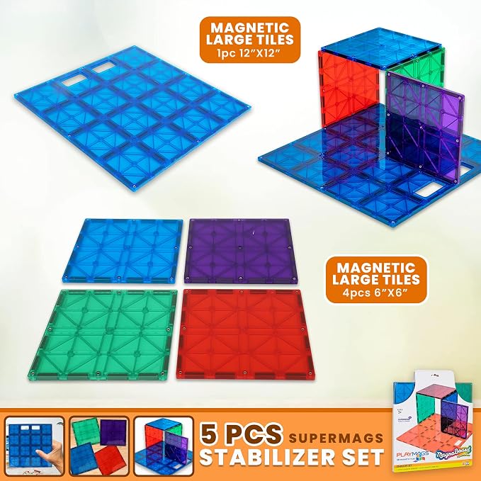 Playmags Super Durable Building Stabilizer Set, Great Add On to All Magnet Tiles Sets Works with All Leading Brands 1-12"x12" & 4-6"x6" (Colors May Vary)