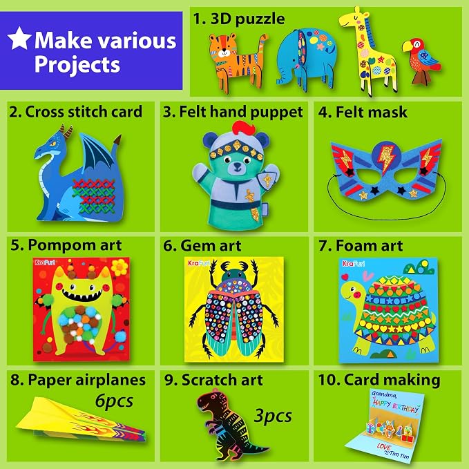 KRAFUN Toddler Beginner Art & Craft Kit Ages 3-5 | 10 Envelopes | 10 projects: Origami, Puppets, Lacing & Pompoms. Preschool educational activities. Creative DIY gift for boys & girls