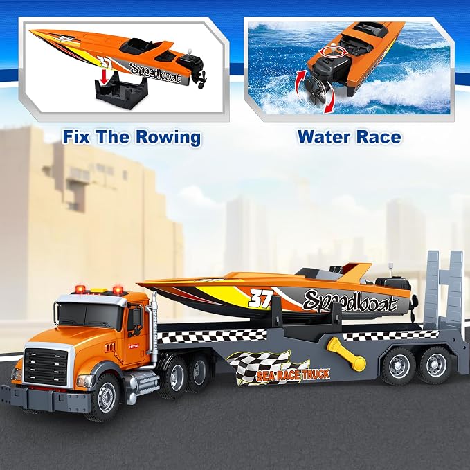 Bstoyder Toddler Boy Toys for 3 4 5 6 7 Years Kids, 21" Semi Flatbed Truck Toy with a Sea Race Truck, Friction Powered Vehicles Toys with Lights and Sounds, Birthday for Boy Girls