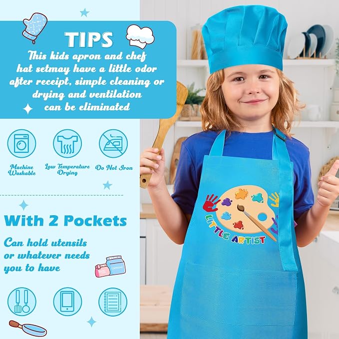 R HORSE 2 Pieces Kid Apron and Chef Hat Set, Dress up Pretend Play Toy | Blue Little Artist Adjustable Children Kitchen Apron with Pockets Set, Ideal for Painting, Cooking, Baking, Birthday Gift
