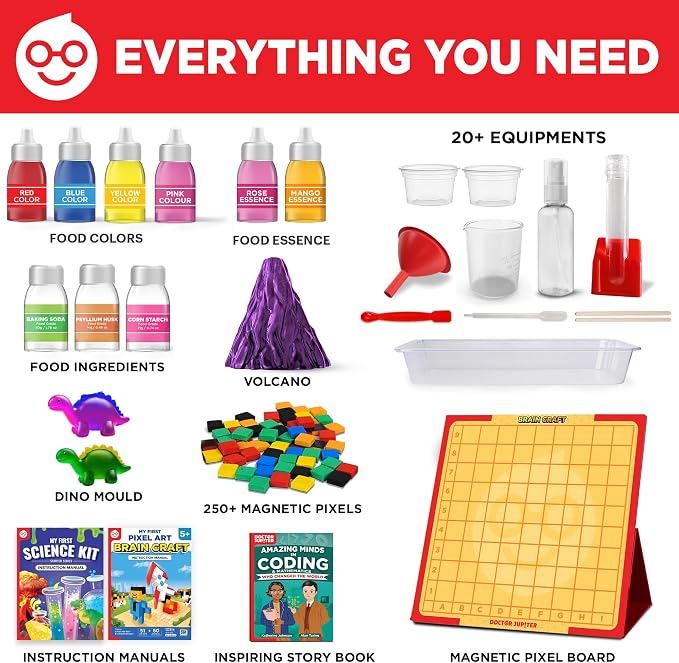 Doctor Jupiter Amazing Science Gift Set for Kids Ages 4+, Birthday Gift | Set of My First Science Kit & Brain Craft Pixel Art Kit, 150+ Activities, Birthday Gift for Boys, Girls Ages 5,6,7,8 STEM Toy