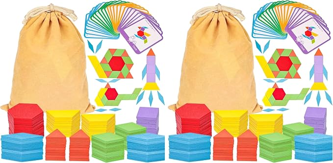 LovesTown 209 PCS Shapes Wooden Pattern Blocks for Kids, Geometric with Activity Cards and Storage Bag, Educational Tangram Puzzles,Great Learning Gift from Parents or Teachers (Pack of 2)
