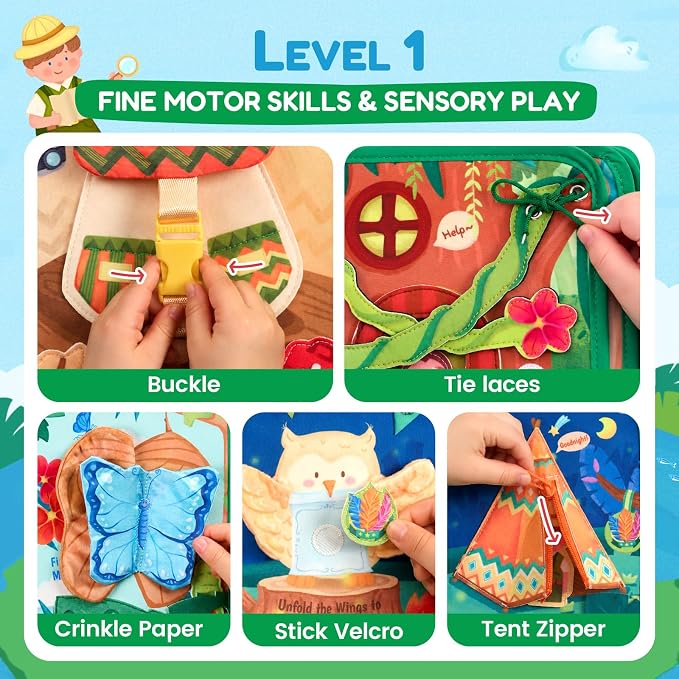 JoyCat Jungle Busy Board for Toddlers 2-4, 25 in 1 Busy Book | support fine motor practice, counting, matching, problem solving, pretend play, and screen-free fun at home or on the go