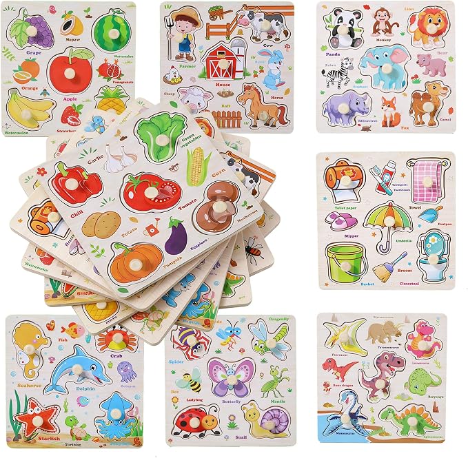 Wooden Puzzles for Toddlers 1-3, 8 Pack Peg Puzzles for Kids with Animals, Dinosaurs, Fruits, Vegetables, Educational Preschool Learning Toys, Birthday Gifts for Boys, Girls