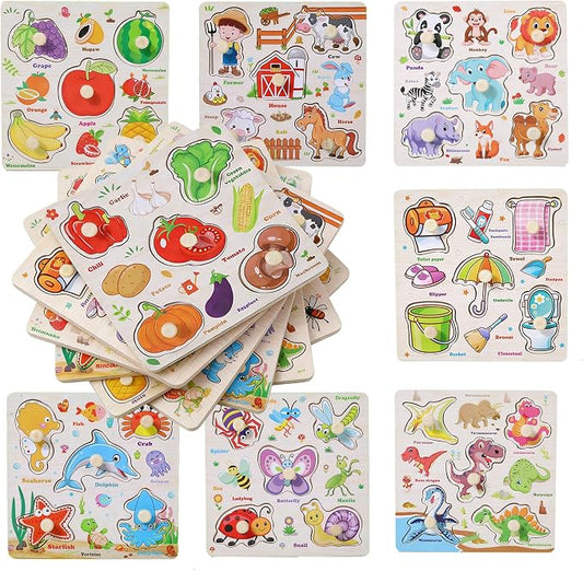 Wooden Puzzles for Toddlers 1-3, 8 Pack Peg Puzzles for Kids with Animals, Dinosaurs, Fruits, Vegetables, Educational Preschool Learning Toys, Birthday Gifts for Boys, Girls