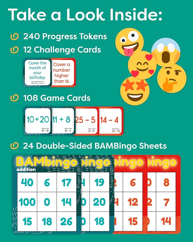 THE BAMBINO TREE Addition and Subtraction Facts Bingo Game - 1st 2nd & 3rd Grade Educational Math Learning for Classroom & Homeschool