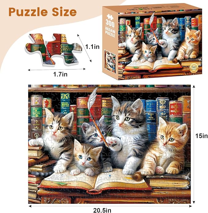 300 Piece Puzzle for Adults, Cats Library Jigsaw Puzzle | Funny Kitten Bookshelf Puzzles,Animal Pet Lover Challenging Puzzles for Friends Family Activity Game Nights Gifts, 20.5x15 in