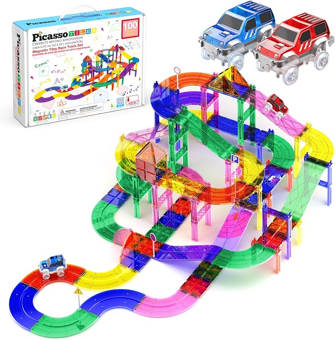PicassoTiles 100 Piece Magnetic Tiles Race Track Toy Creative Building Set | Ages 3+, premium BPA-free materials, promotes hand eye coordination, sharpens fine motor control, boosts spatial logic skills