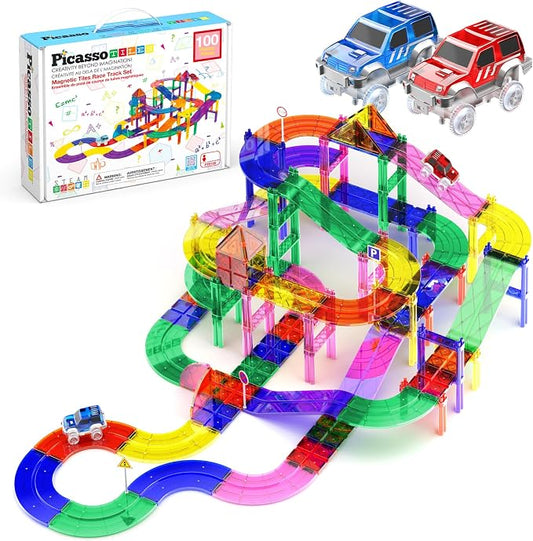 PicassoTiles 100 Piece Magnetic Tiles Race Track Toy Creative Building Set | Ages 3+, premium BPA-free materials, promotes hand eye coordination, sharpens fine motor control, boosts spatial logic skills