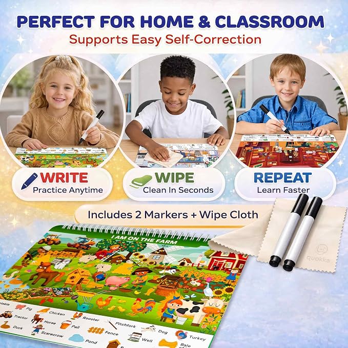 Busy Book for Toddlers 3-5 - Reusable Dry Erase Workbooks for Kids 4-6 | Places I Visit Search and Find Activity Book with Markers - Workbook for Travel and Quiet Time Learning