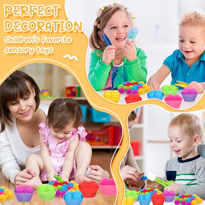 Leitee 90 Pcs Fine Motor Skills Counting Sorting Sensory Bin Filler Toy Set Matching Game Include 72 Hedge Ball 4 Tweezer 2 Scissor Clip 12 Sorting Cup for Preschool Education Train Development