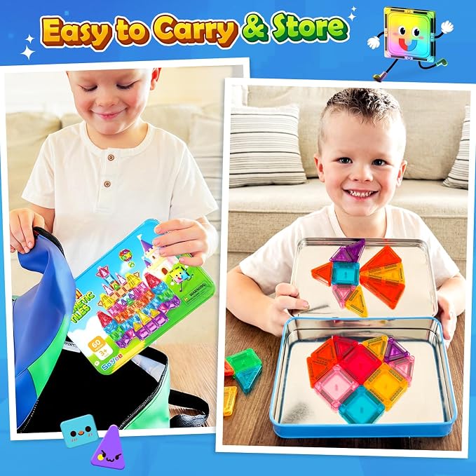 Soyee Mini Travel Magnetic Tiles 60PCS with Metal Tin Case Toddler Kids Toys Travel Essentials, Toddler Travel Toys Portable STEM Building Blocks Compatibility with Regular Size Magnetic Tiles