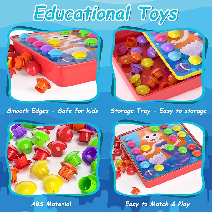Geekper 96 PCS Button Art Toys for Toddlers, Color Matching Mosaic Pegboard | Early Learning Educational Toys for 3, 4, 5, 6 Year Old Kids Boys and Girls Gifts, Including 24 Pictures and 72 Buttons
