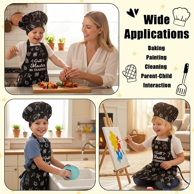 R HORSE Kid Apron and Chef Hat Set - 2Pcs Adjustable BBQ Mini Grill Children Kitchen Apron, Dress up Role Play Chef Toy Funny Cooking Baking Painting and Training Kits for Kids Birthday Gift