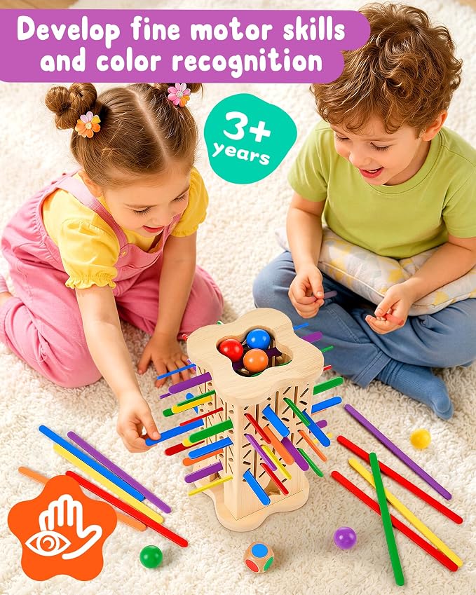 Montessori Wooden Board Game for Kids 3–8, Fine Motor Skills Toy 42 Strips | Color matching, 2 play modes, cognitive growth & family fun — CPC-certified rubberwood, safe gift for boys girls ages 3–8