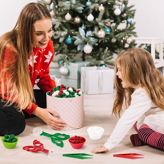 EZdhuawuse Summer Fine Motor Toys - 270Pcs Counting Sorting Sensory Bin Filler Set for Kids Xmas Counting Toy with Felt Xmas Tree Pom Poms Cup Clip for Preschool Education Activities