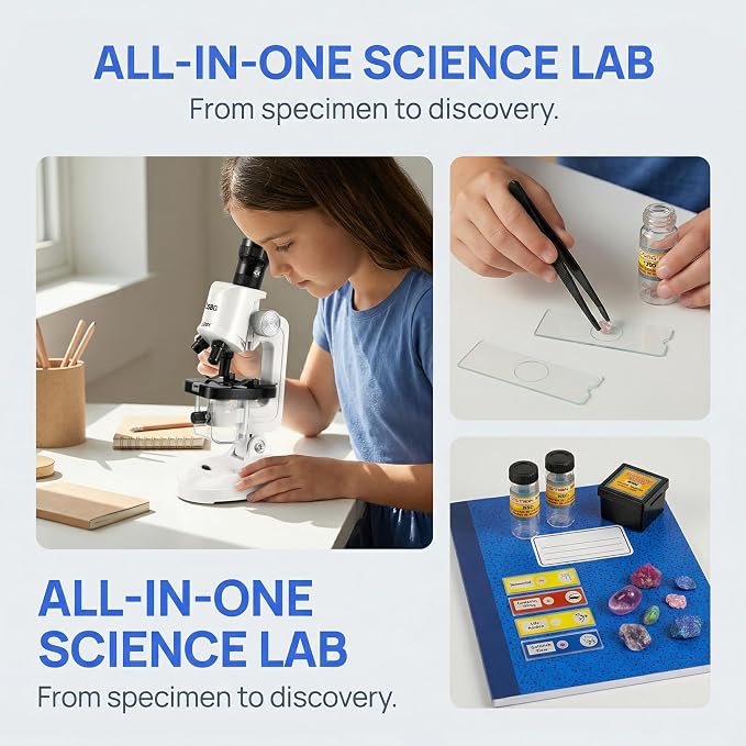 Kids Microscope Kit with LED Light - 100X/400X/1200X Magnification for STEM Learning, 12 Prepared Slides, Easy-to-Use Science Learning Kit (Ages 5-12) - White