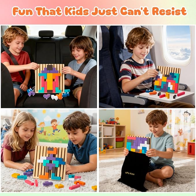 Wooden Colored 3D Russian Block Puzzle Travel Toy, Montessori Educational Gift for Kids Ages 3–6 with 28 Wood Blocks & Storage Bag, Wooden Stacking Puzzle Toy (Travel Size)