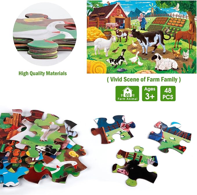 Jumbo Floor Puzzle for Kids,48 Piece Farm Animal Jigsaw Puzzle Ages 3-8 | Barn Puzzle,Extra-thick Cardboard,Preschool Learning Toy,35x24 in Completed,Children Educational Gift for Boys and Girls