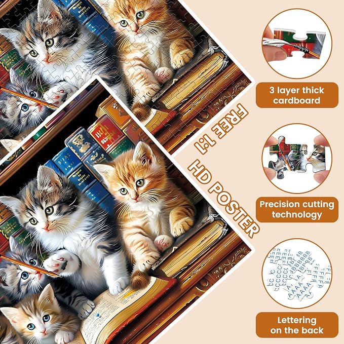 300 Piece Puzzle for Adults, Cats Library Jigsaw Puzzle | Funny Kitten Bookshelf Puzzles,Animal Pet Lover Challenging Puzzles for Friends Family Activity Game Nights Gifts, 20.5x15 in