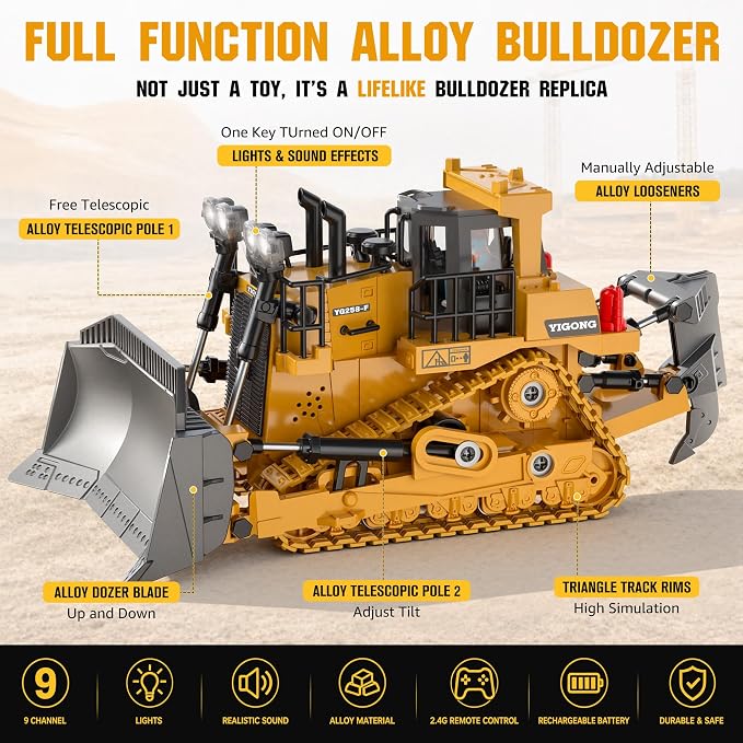 KidsFaves RC Bulldozer with Alloy Blade,Remote Control Construction Toy | 360° Rotating,9-Channel Remote Control Bulldozer Toy with Lights & Sounds for Kids