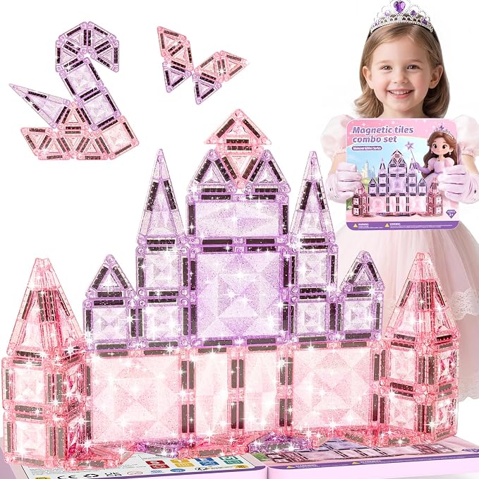burgkidz Sparkling Glitter Magnetic Tiles: Castle Gift for Girls 3-8 | 42pcs pink-purple glitter, gift-ready tin, BPA-free, ASTM safe, strong magnets, 120min quiet, castle toy for girls 3-8
