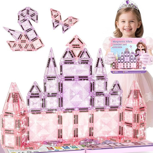 burgkidz Sparkling Glitter Magnetic Tiles: Castle Gift for Girls 3-8 | 42pcs pink-purple glitter, gift-ready tin, BPA-free, ASTM safe, strong magnets, 120min quiet, castle toy for girls 3-8