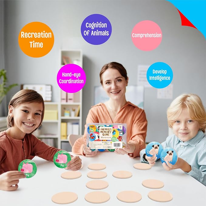 SpriteGru Wooden Memory Matching Game, 32 PCS Matching Animal Wood Chips Educational Matching Game for Toddlers Preschool 4 5 6 Years Old