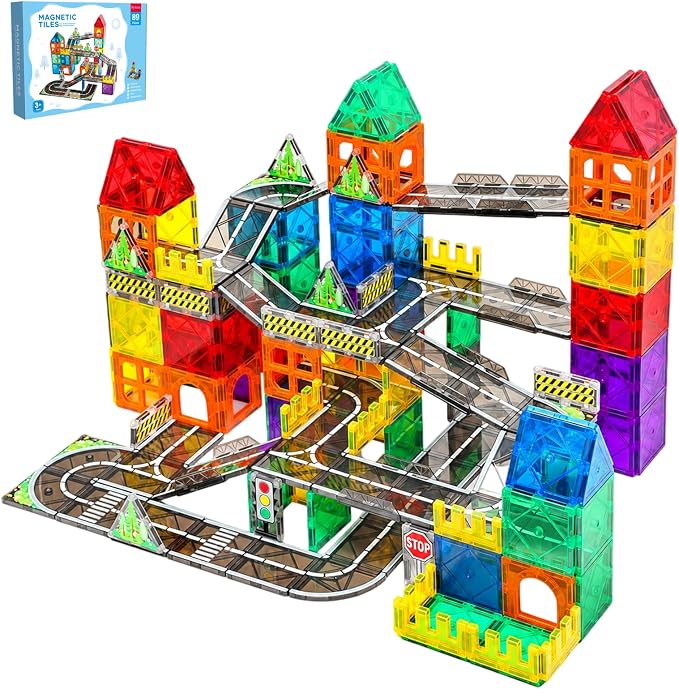 Magnetic Tiles Road Set, 89 PCS Magnetic Building Blocks with Roads | Bridges & Ramps, STEM City Building Toys for Kids Ages 3-8, Educational Construction Magnet Toys, Gifts for Boys Girls