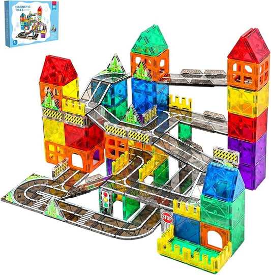 Magnetic Tiles Road Set, 89 PCS Magnetic Building Blocks with Roads | Bridges & Ramps, STEM City Building Toys for Kids Ages 3-8, Educational Construction Magnet Toys, Gifts for Boys Girls