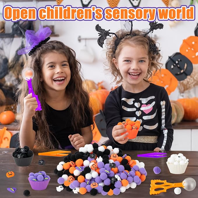 Halloween Sensory Bin Fillers, 295Pcs Colorful Fine Motor Set | Halloween Counting Sorting Gifts, Plastic Pumpkin Ghost Felt Pom Poms, Teen Students Kids, School Education Activities