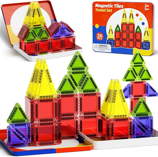 Magnetic Tiles Travel Essentials for Toddlers: 26PCS Storage Case Included | Portable Building Blocks & Car Ride Activities for Ages 3-5 & On-the-Go STEM Learning Gift for Boys & Girls