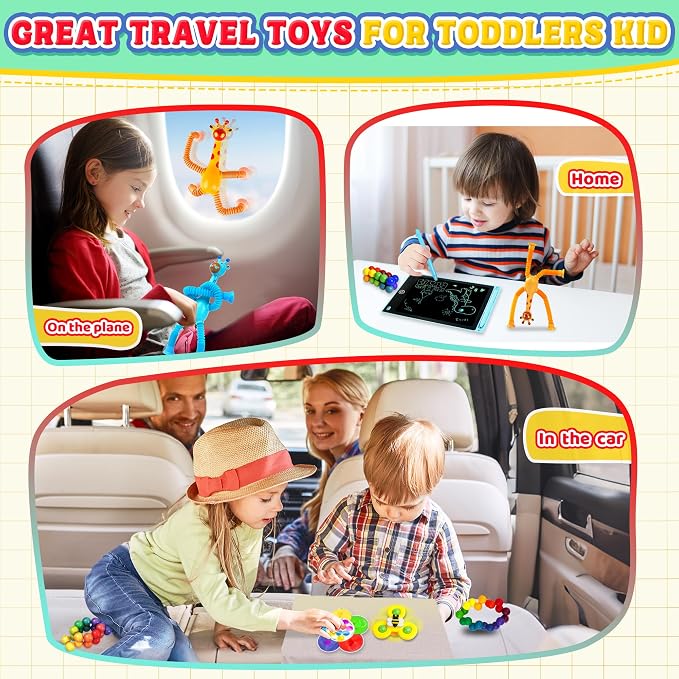 12PC Sensory Travel Toys Pack for Toddler 3 4 5 Year Old Quiet Airplane Travel Activities Essential with Icd Writing Tablet Suction Cup Color Sorting Toy for Kid ADHD Autistic Fidget Gift