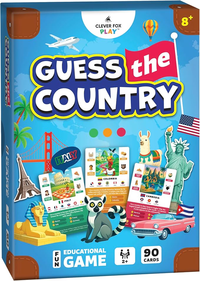 Guess the Country Card Game, World Geography for Kids 8-12, Teens & Adults | Educational game, geography trivia challenge quiz, classroom, high school, country & world flags flash cards, learning gift