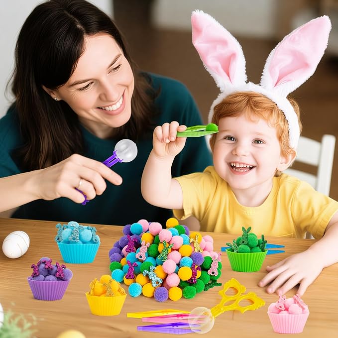 EZdhuawuse Summer Sensory Bin Fillers - 268P Summer Bunny Fine Motor Toys Rabbit Counting Sorting for Kids, Counting Toy with Shiny Bunny Pom Poms Cup Clip for Preschool Education Activities