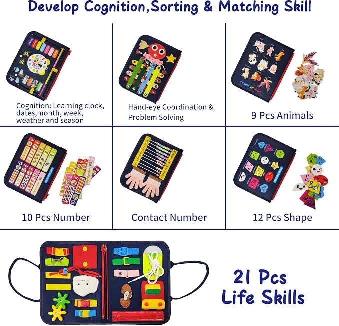 LearnToy Montessori Busy Board for Boys 3 4 5 Year | Sensory Toys for Toddlers 3-6, Ideal for Travel and Preschool - ABCs, 123s, Shapes, Colors, Animals, Weather, Birthday Gifts