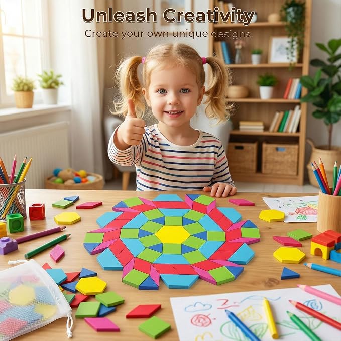 3 Otters 150Pcs Wooden Pattern Blocks Set, Geometric Tangram Shapes | with Activity Cards, Storage Bag, Screenless Play for Kid, Homeschool, Classroom, Travel Essential