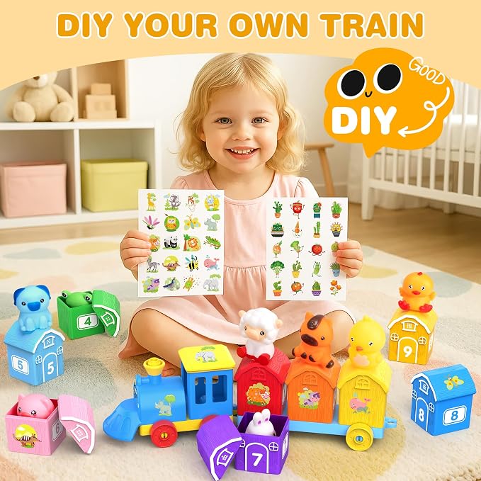 Montessori Learning Toy Toddler Animal Train Counting Barns Puppets | Montessori toy farm train set with 9 barns & 10 finger puppets for matching sorting, preschool gift for toddler boys girls