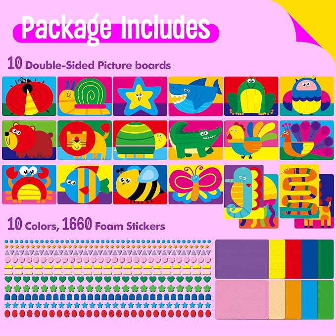 SpriteGru Foam Sticker Art Activity, 20 Animals with 1660 Foam Stickers in 10 Colors Fun with Foam DIY Activity Craft Kits Travel Game for Kids, Boys & Girls
