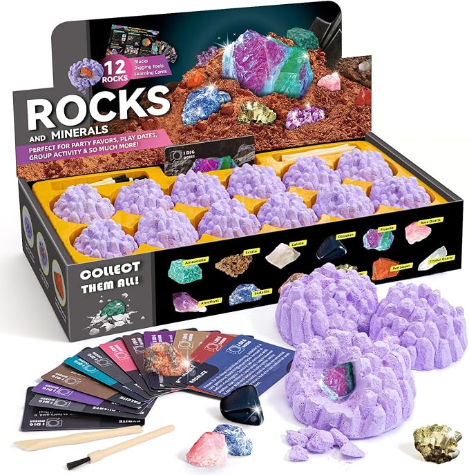 Gamerside Gem Digging Kit, 12 Rock Digging Kit for Kids 6+ | Excavate Real Gems & Crystals, 12 Mining Tools Set & Rock & Mineral Identification, Great Geology Gift for Boys Girls