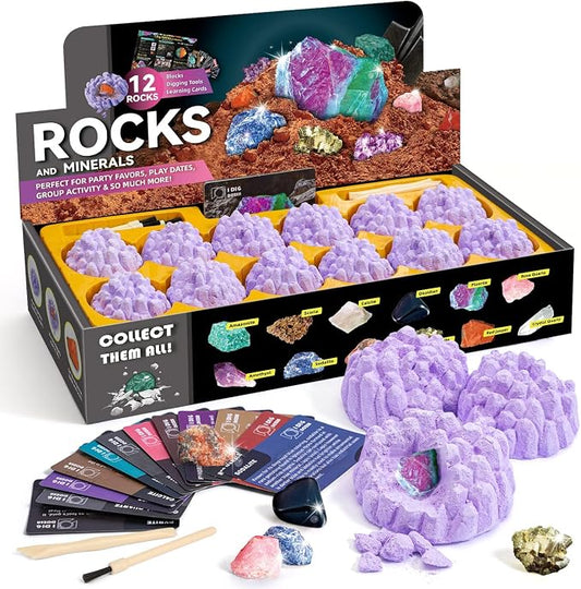 Gamerside Gem Digging Kit, 12 Rock Digging Kit for Kids 6+ | Excavate Real Gems & Crystals, 12 Mining Tools Set & Rock & Mineral Identification, Great Geology Gift for Boys Girls