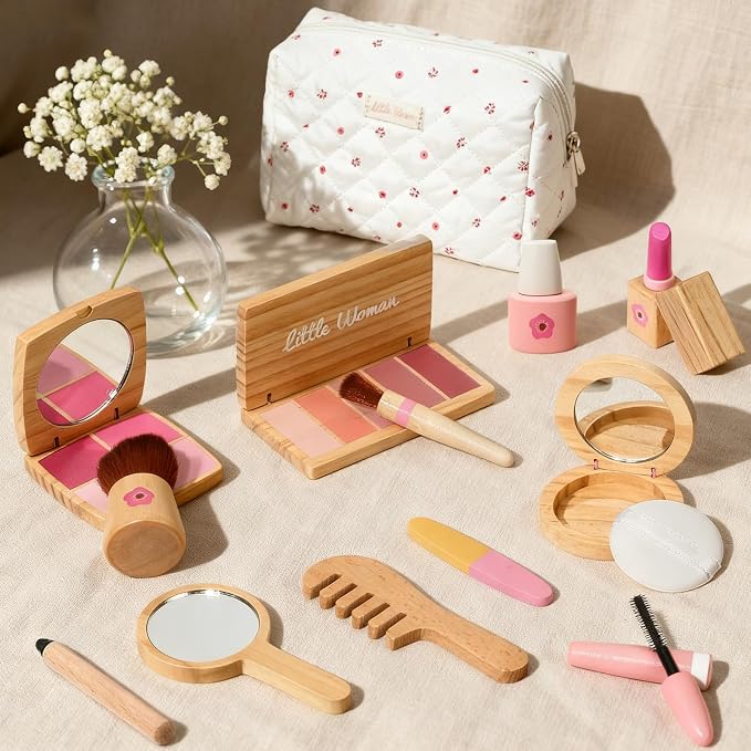 Wooden Pretend Play Makeup for Toddlers 1-3,100% Safe & Non Toxic | Natural Wood,Mess Free,Sparks Imagination,Montessori Toy Builds Fine Motor Skills,Birthday Gift For 1-3 Year Old Girls
