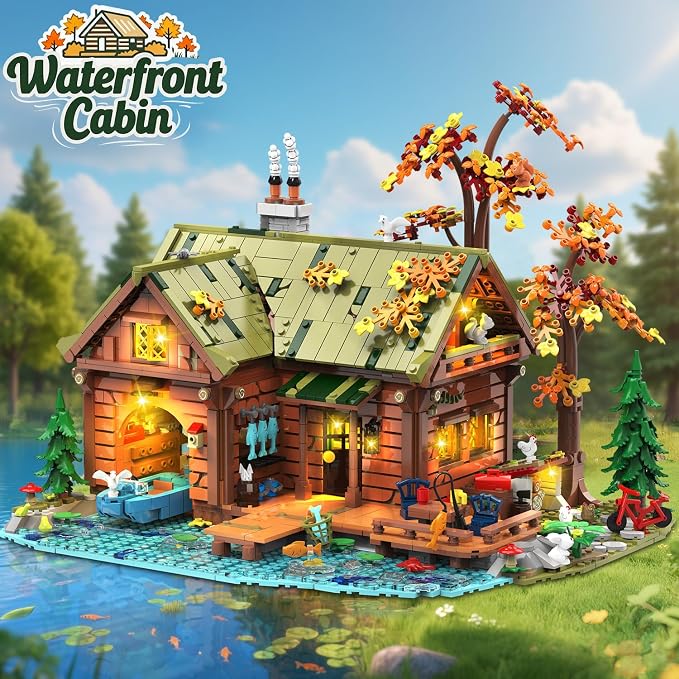 INSOON Overwater Cabin Building Set with Lights for Adults,Forest House Kit | 2423 PCS Wooden Treehouse Building Block Toy with Botanical Boat Animals, Construction Model Gift for Teens Boys Girls 12+