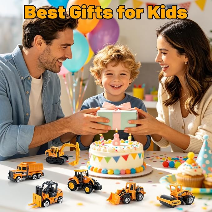 6 Pack Diecast Construction Toys, Mini Excavator Toy Alloy Construction Truck Model Set for Boys Age 3 4 5 6 7 Years Old, Kids Toddlers Birthday Gift & Party Favors