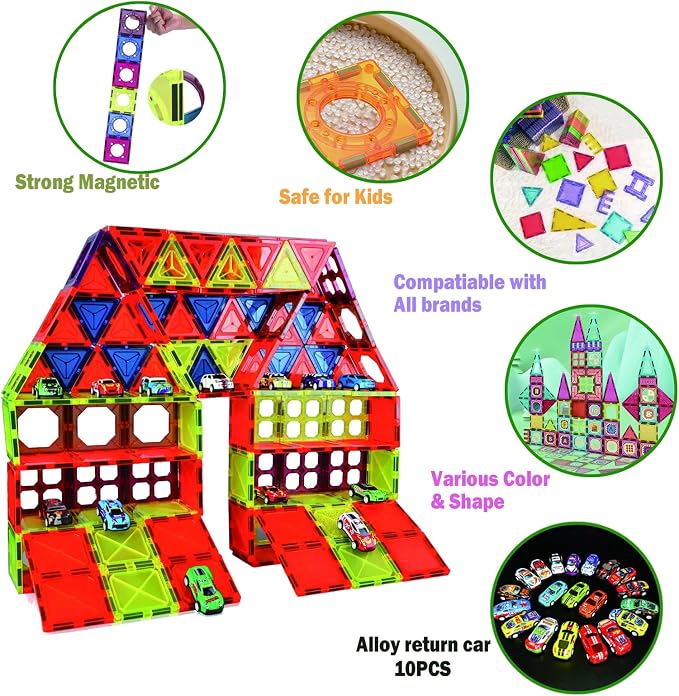 BUBUQE Magnetic Tiles Parking Building Playset with 10 Pull-Back Metal Cars for Kids Construction STEM Toy Preschool Creativity Learning Birthday Gift for Girls Boys Toddlers 3 4 5 6 7 8
